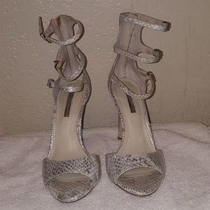 7M/37 BCBGeneration Strappy Snakeskin Stilettos